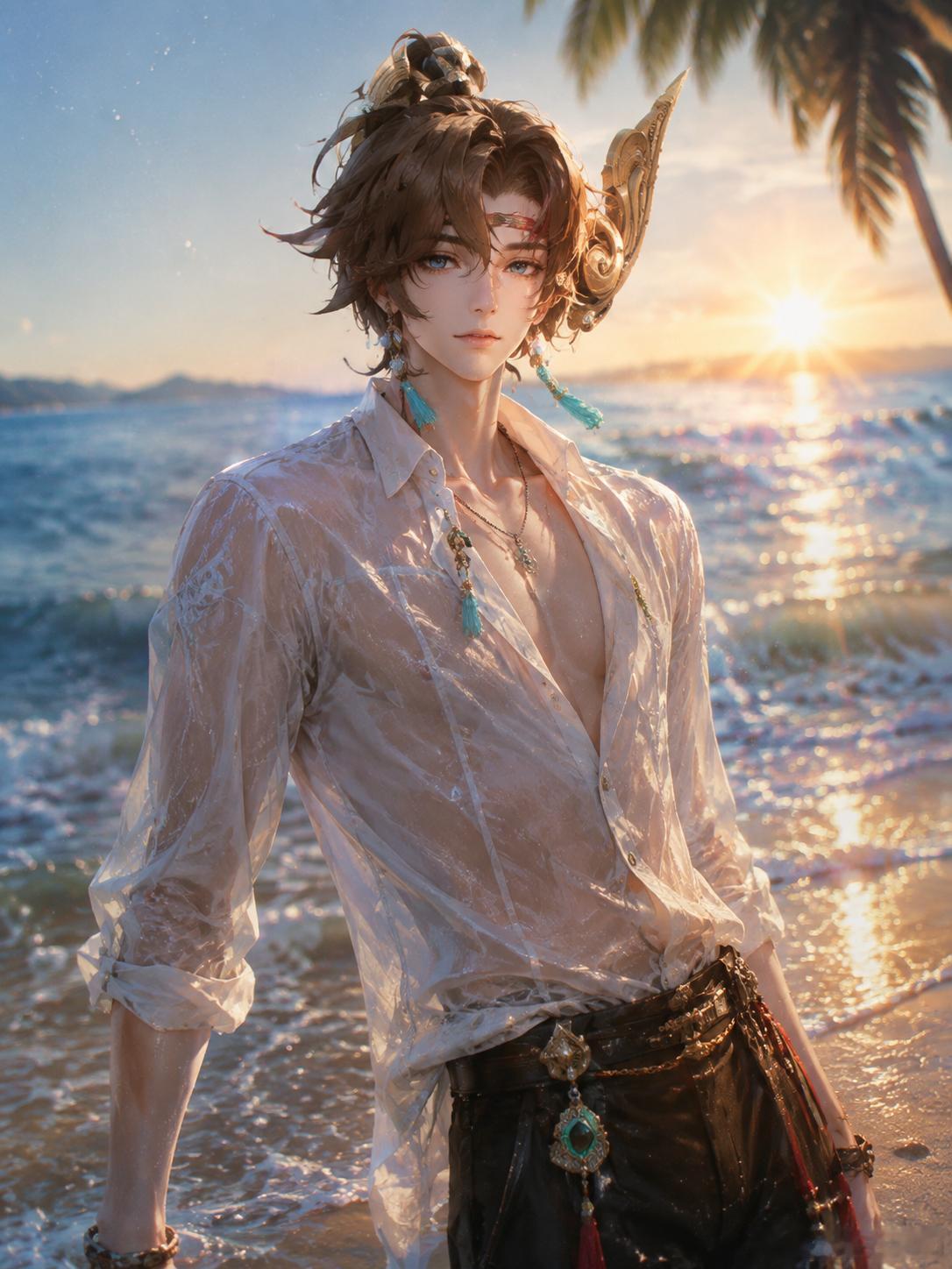海风+夕阳+湿透的白衬衫=夏日限定心动暴击！🥵🥵🥵王者英雄清凉照小王夏日新