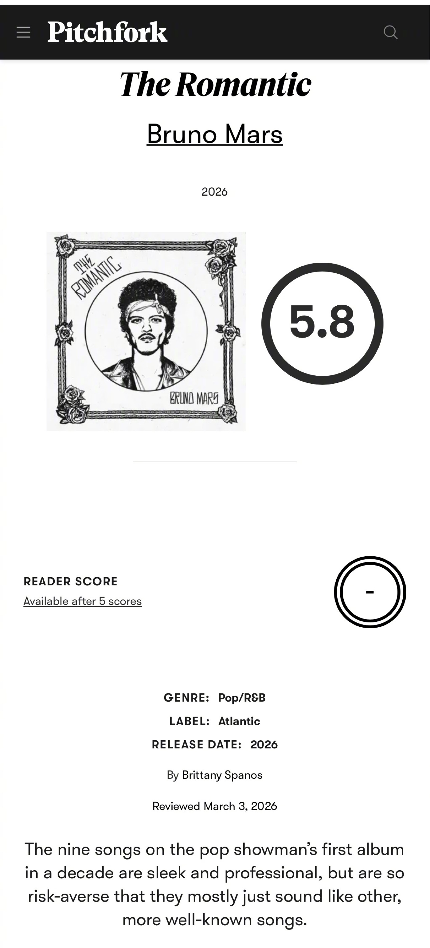 婊叉Pitchfork给火星哥Bruno Mars新专辑《The Romanti