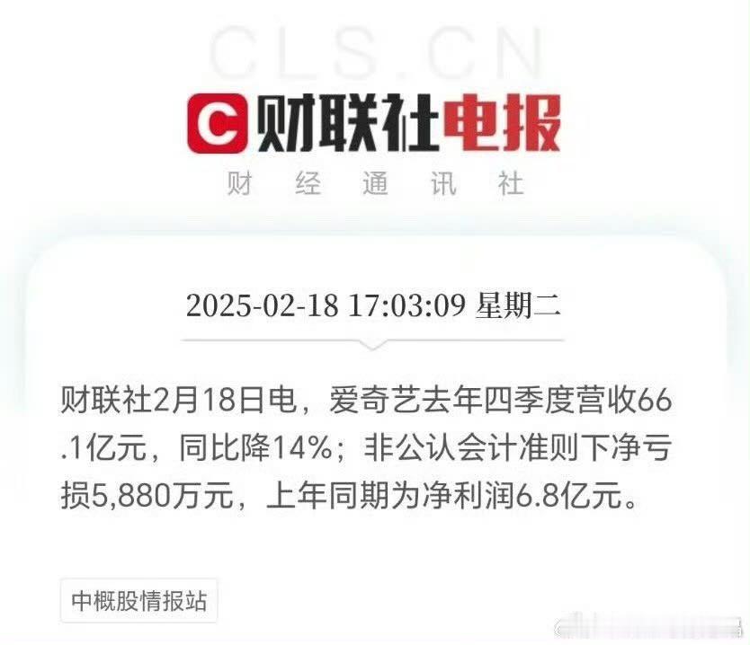 爱奇艺2024年第四季度的财报营收同比下降14%，亏损5880万元，而2023年