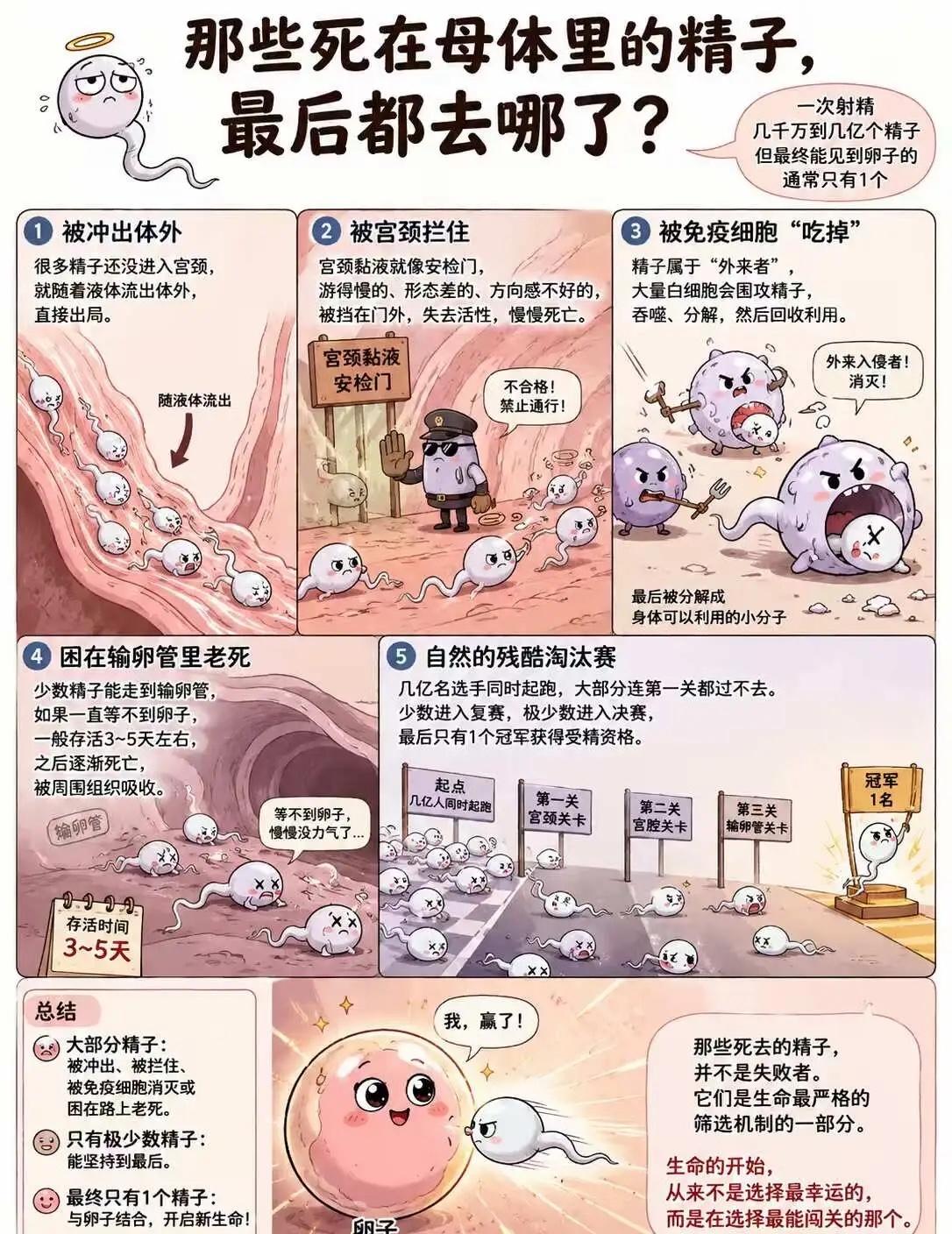 那些死在母体里的精子，最后都去哪了？
一次射精，大约有几千万到几亿个精子。
但最