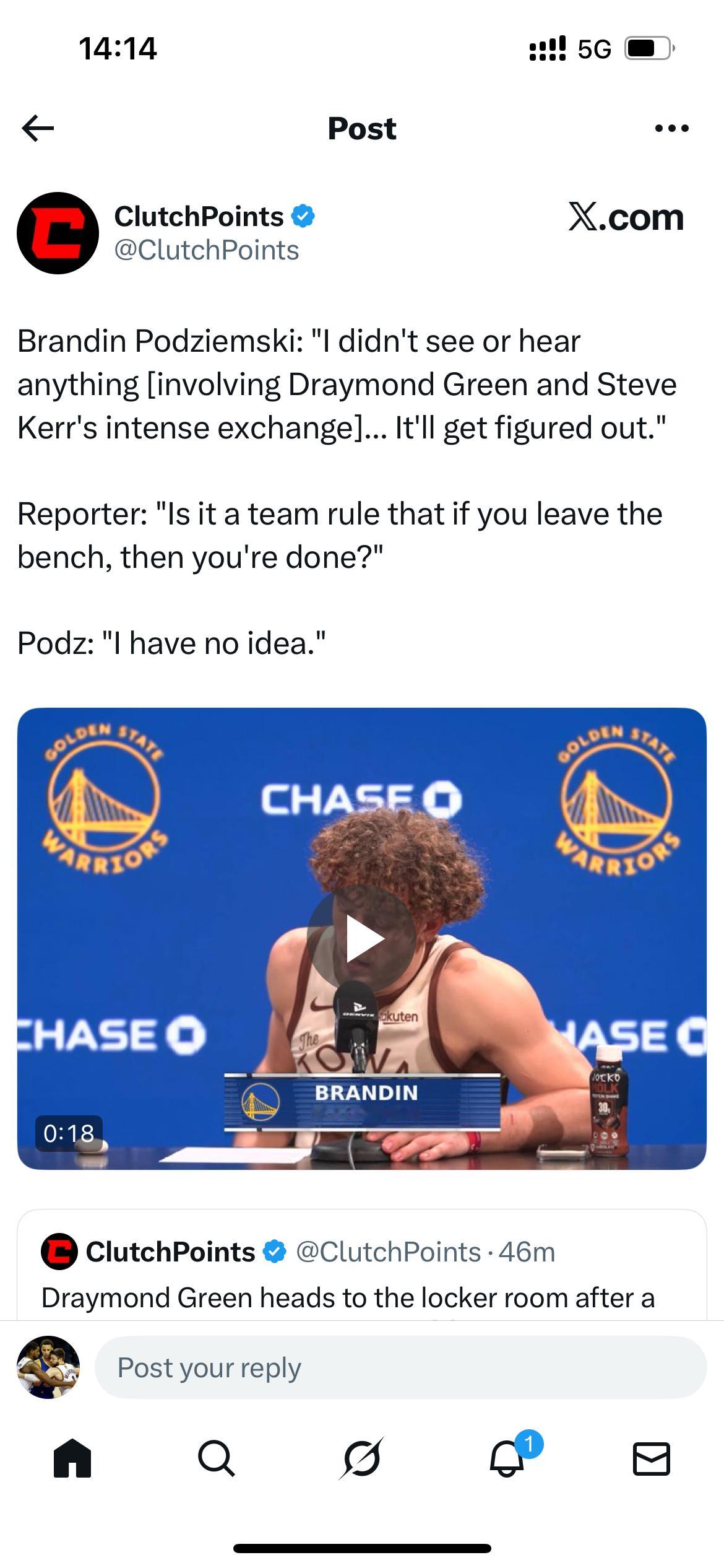 波杰姆斯基：“我没有看到也没有听到任何事情（关于德雷蒙德·格林和史蒂夫·科尔之间