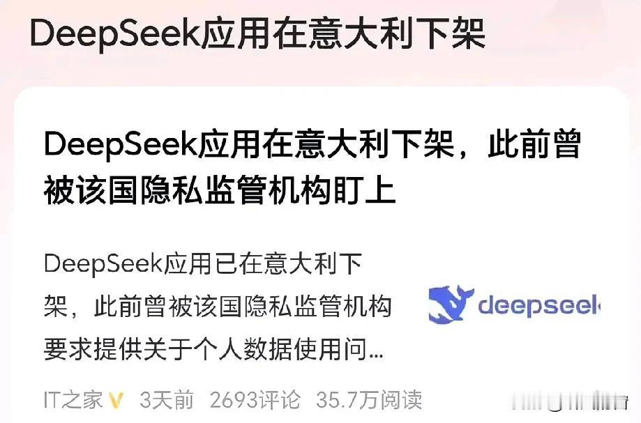 DeepSeek应用在意大利下架，但英伟达+AMD+微软+亚马逊等，都接入了De