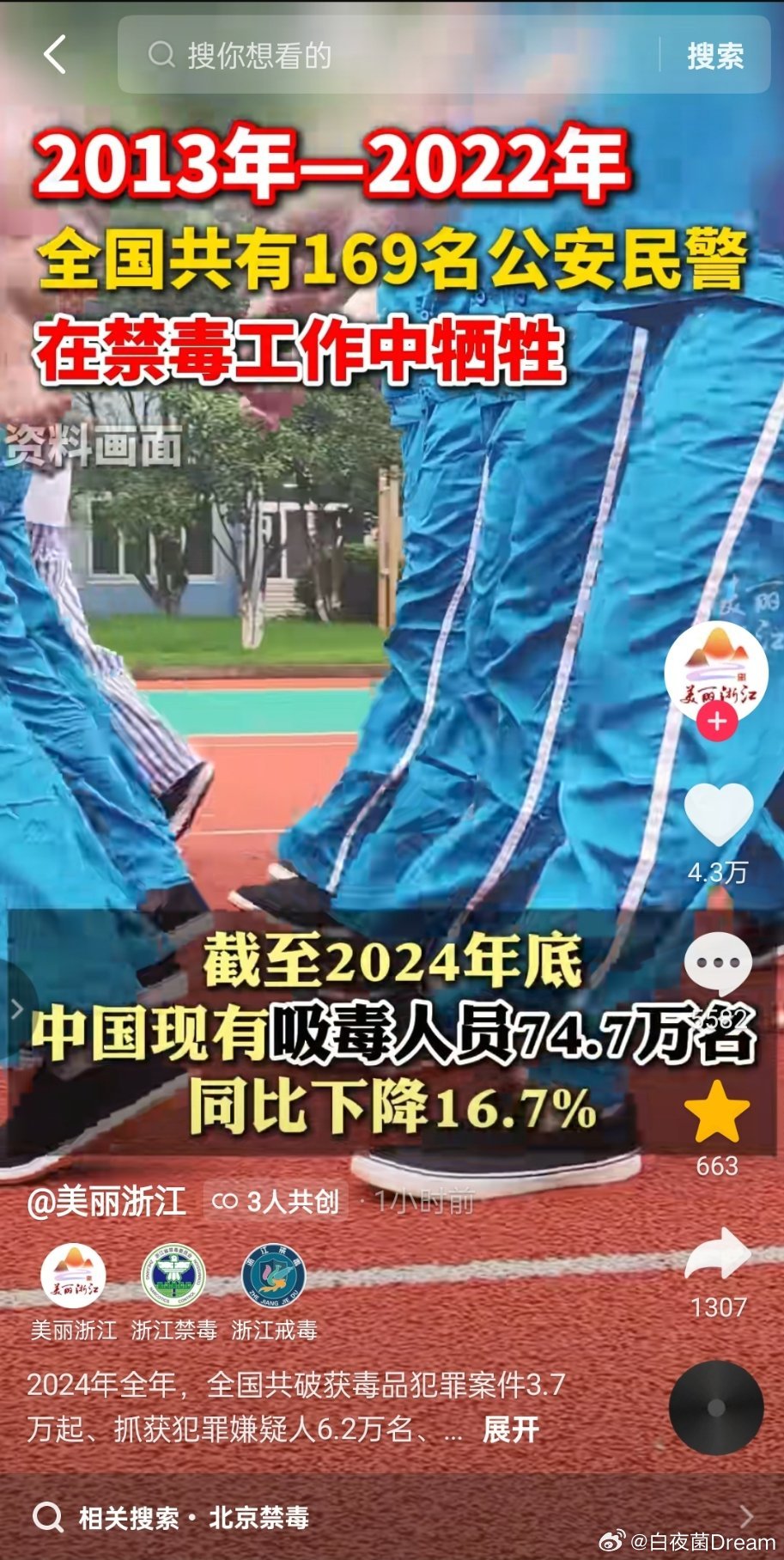 禁毒🔻禁毒数据：截至2024年底，中国现有吸毒人员74.7万名，同比下降16.