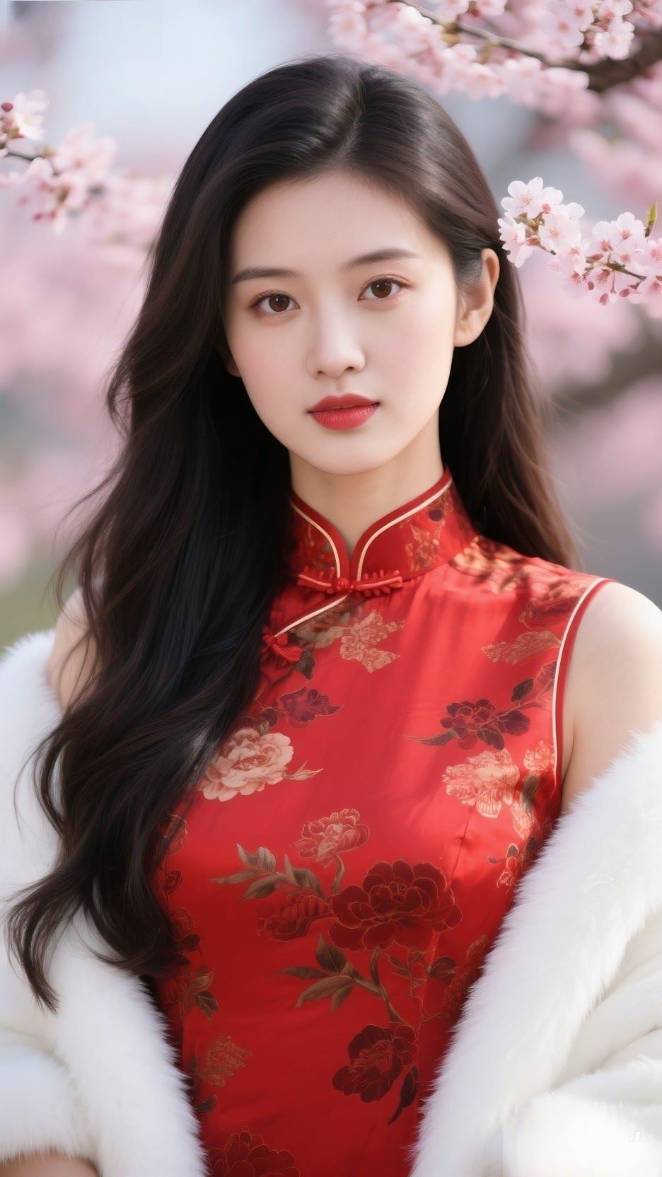 红衣映花影，美人似画中。