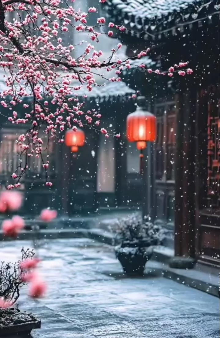 七律  夜雪梅开



更深廊倚不知寒，
玉蝶翩翩牵手欢。
如月千年明白处，
有