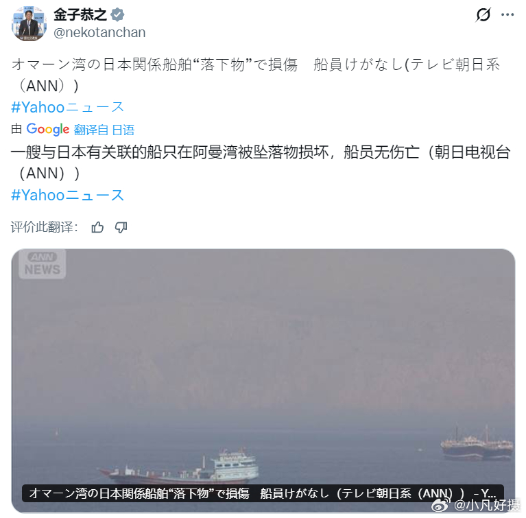 日本国土交通相金子恭之自称，停泊在中东阿曼湾的一艘日本相关船只发现疑似从空中坠落