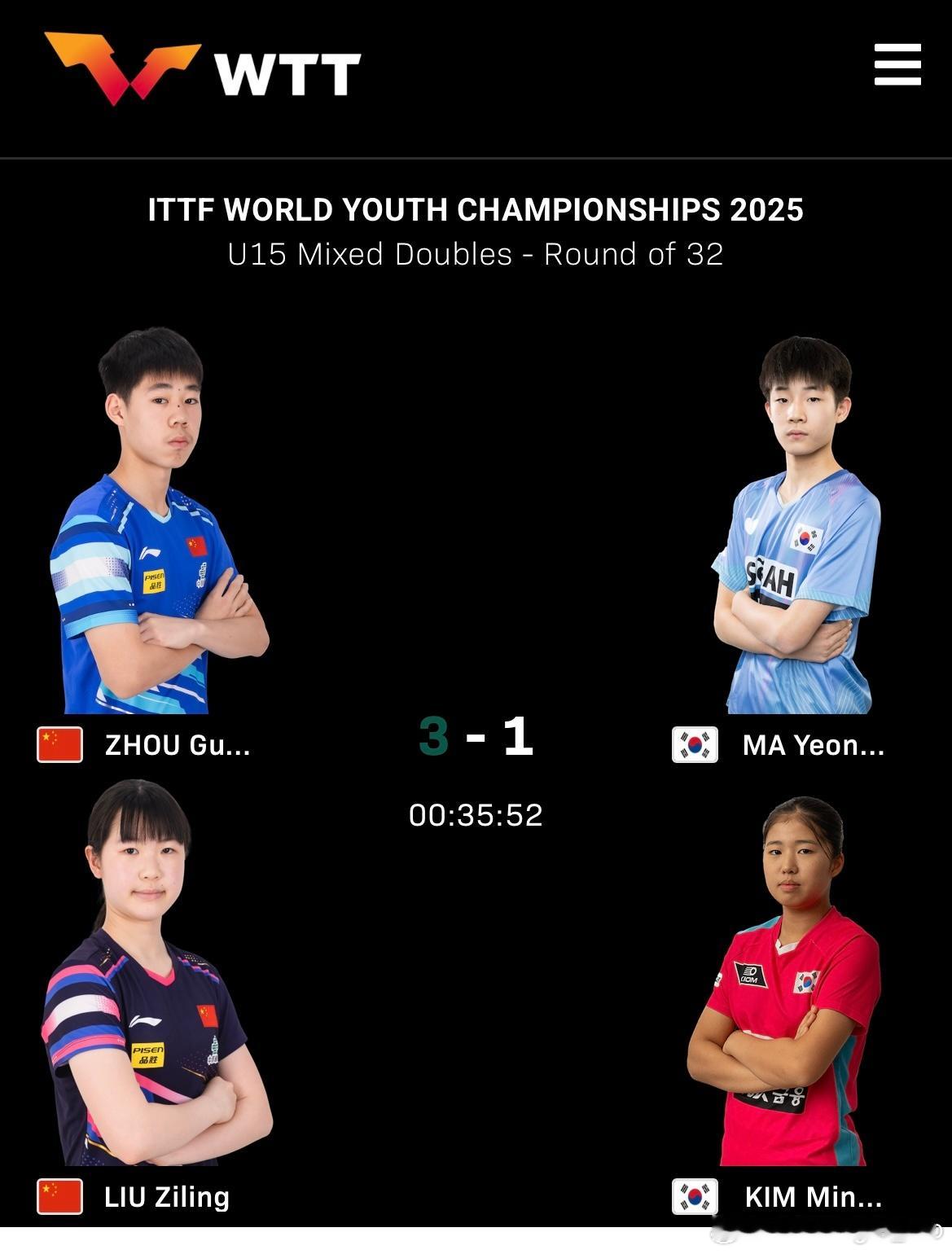 U15混双1/16决赛🇨🇳刘子菱/周冠宏3比1金珉舒/马渶旻🇰🇷（11-