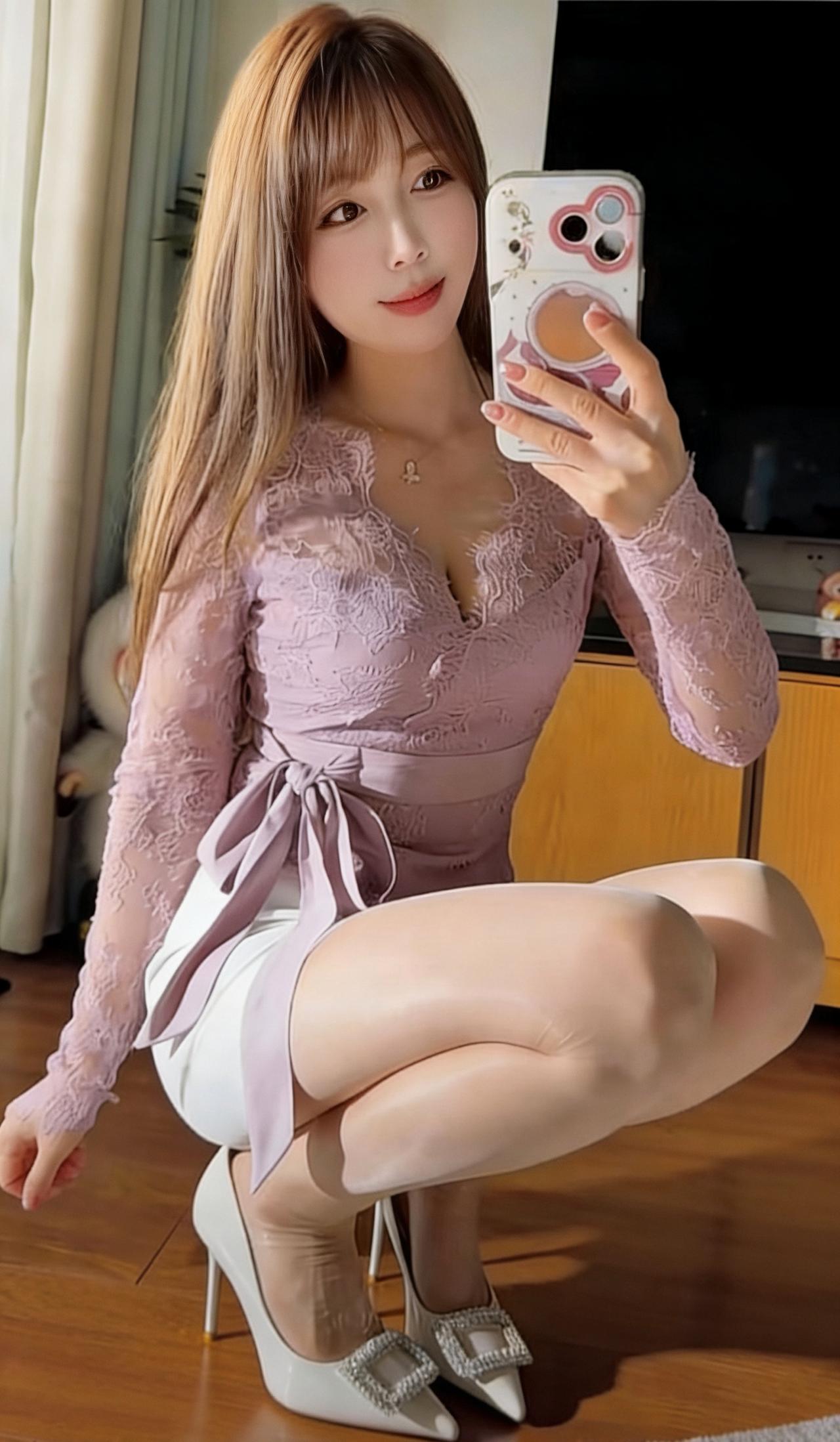 这组穿搭简直是把“温柔千金感”焊在了身上！淡紫色蕾丝上衣搭配白色包臀短裙，再配上