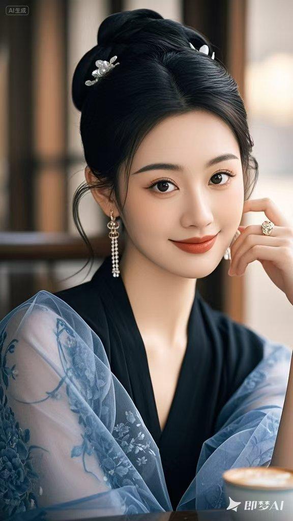 古典美人，皮肤白皙，形体优雅，披着薄纱淡然一笑，倾国倾城，尽显少女俏丽。