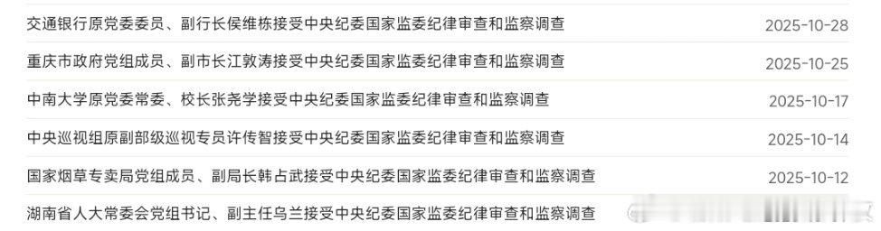 10月，6名中管干部被查！分别是：湖南省人大常委会党组书记、副主任乌兰；国家烟草