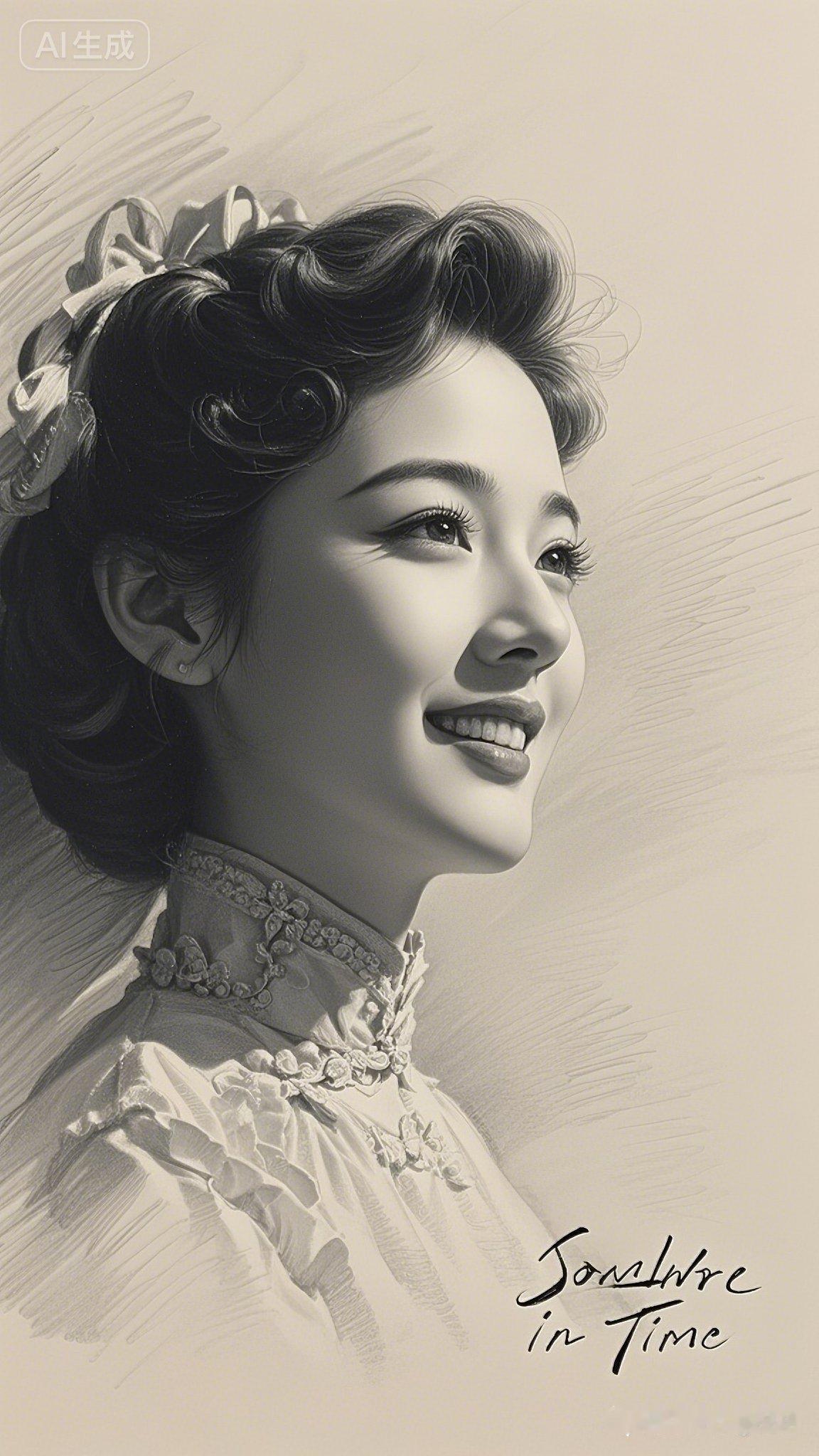 复古风情的少女，微笑中透出时光的温柔。