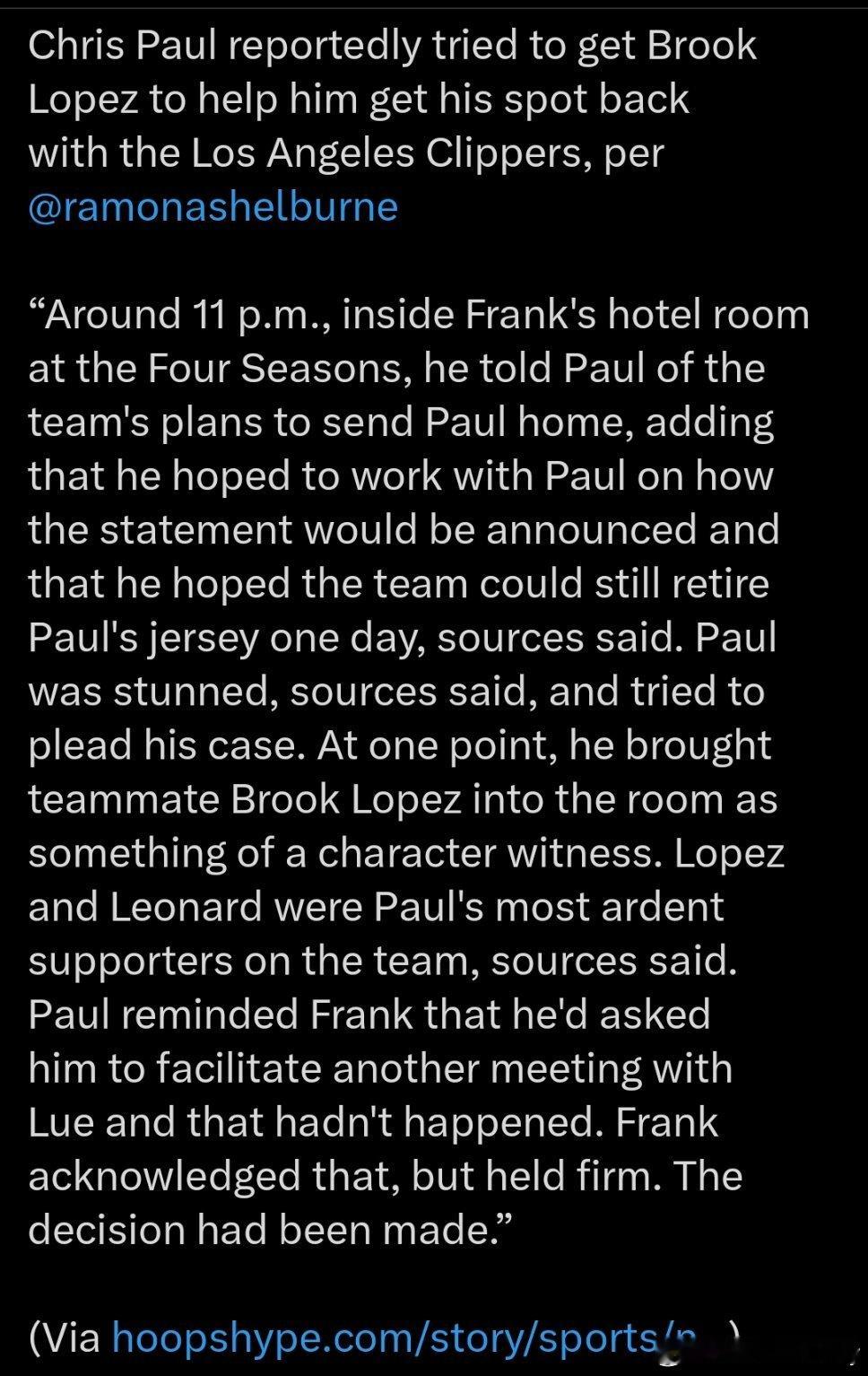 Ramona Shelburne：克里斯保罗曾试图让布鲁克洛佩兹出面，帮他争取留