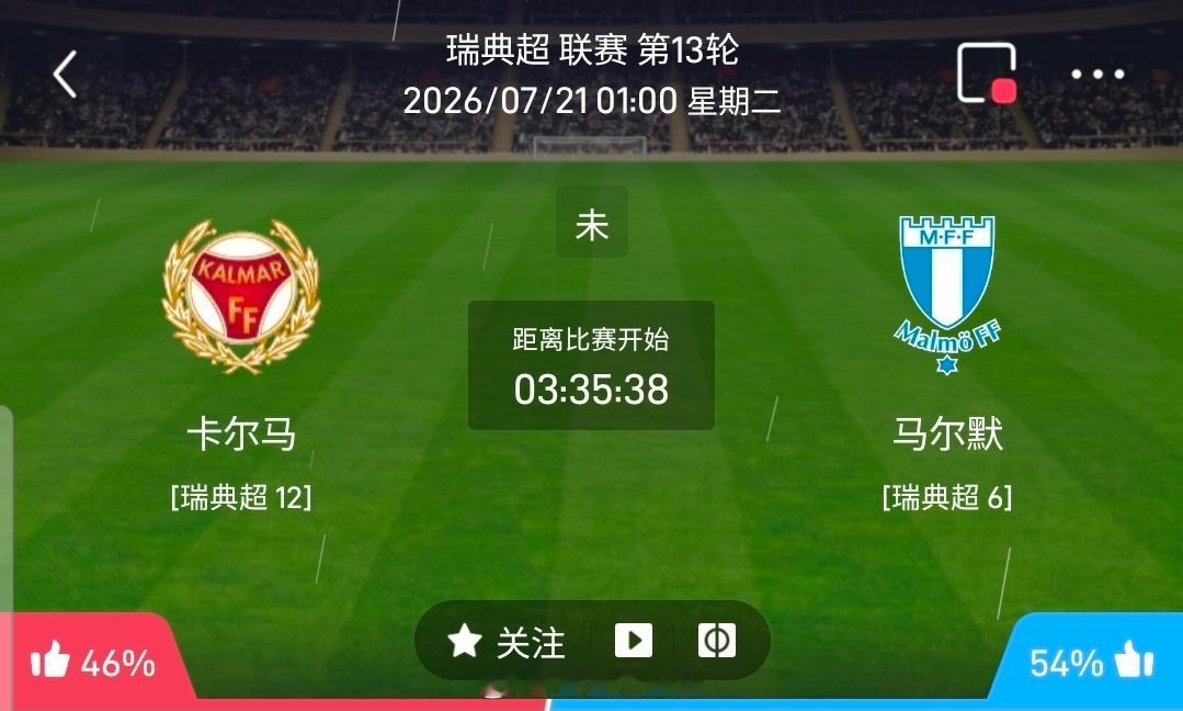 【足球】周一204瑞典超方向：卡尔马vs马尔默瑞典超 卡尔马 VS 马尔默比赛时