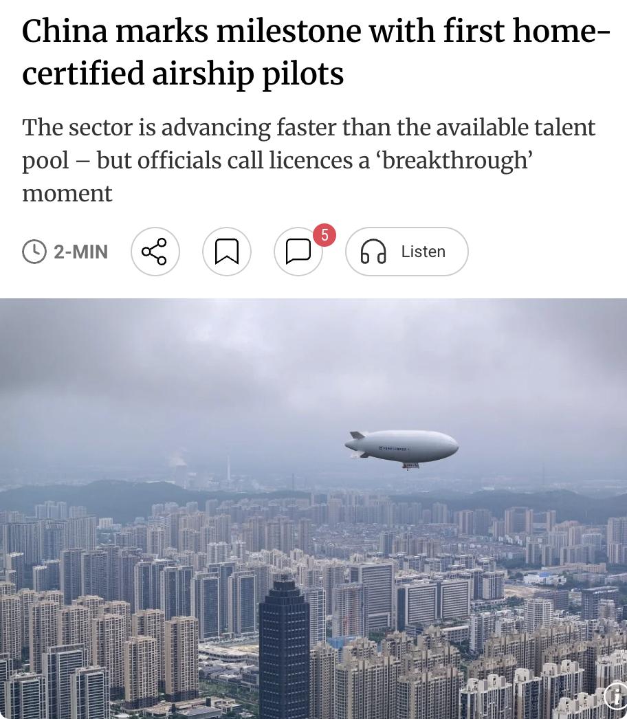 外媒：中国低空经济迎来里程碑，民航局向四名国产飞艇飞行员颁发首批国内认证商用执照