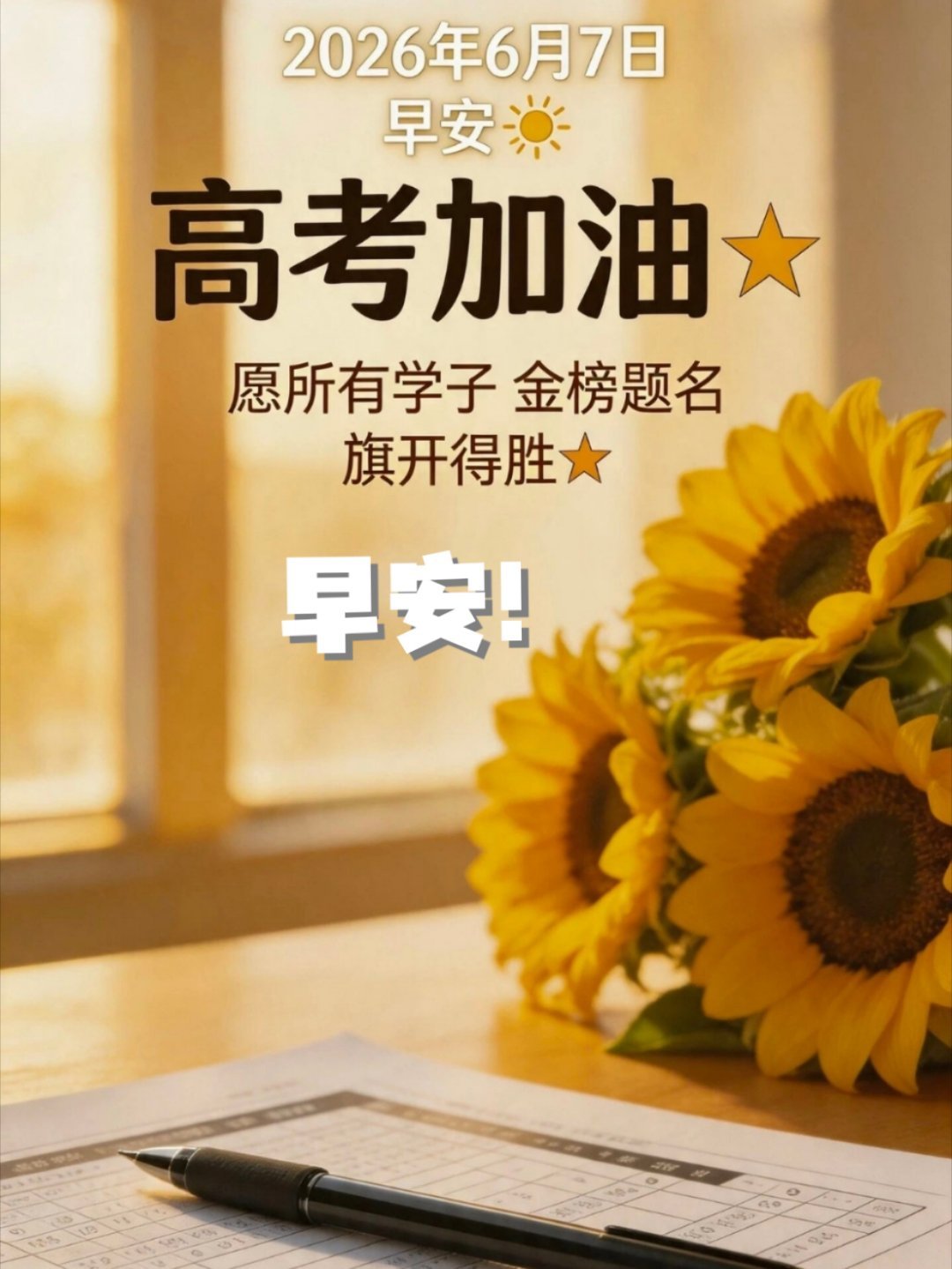 今天是2026年高考的第一天。十年磨一剑，今朝试锋芒。奔赴考场的学子，将在青春的