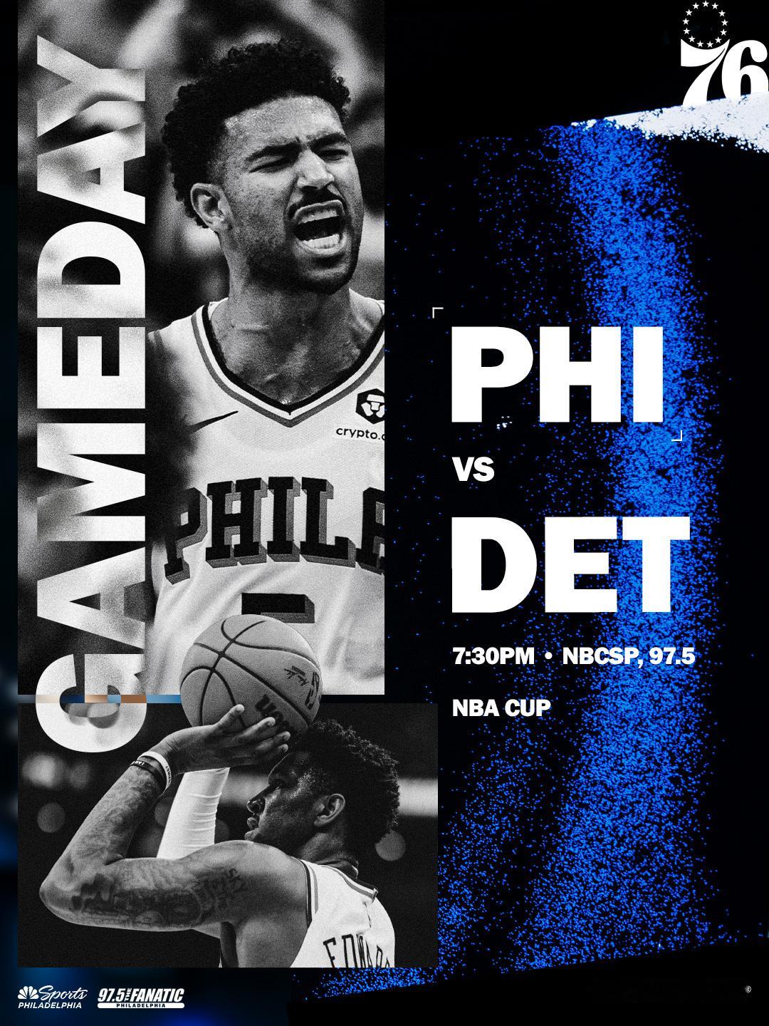 NBA杯小组赛第二战！明天早上8点半，76人队客场对阵活塞队！