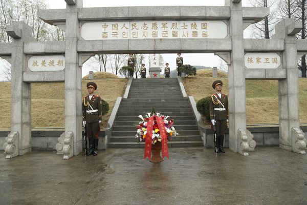 王毅单膝跪地向志愿军先烈献花