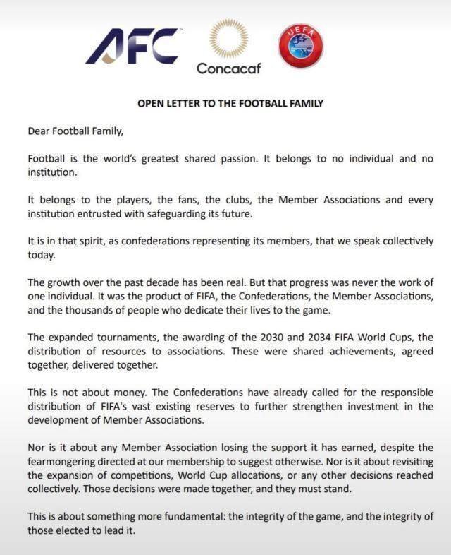 【三大足联联合发声：FIFA并未承认FFE的根本性错误】由“足球前进企业”(FF