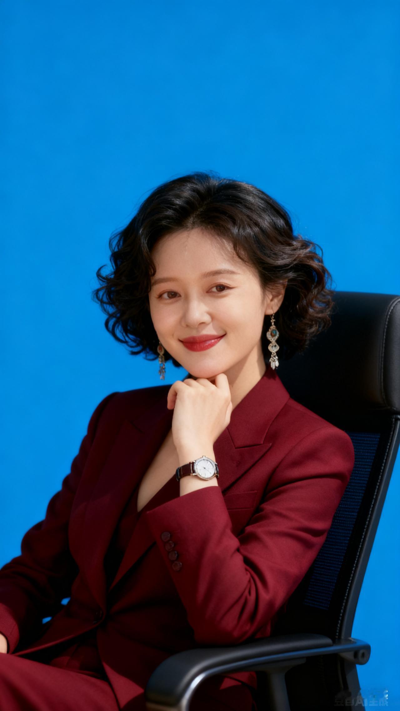 女性端坐办公室，手托下巴从容浅笑，精致五官配专业妆容，腕间名表点缀，柔光灯影衬自