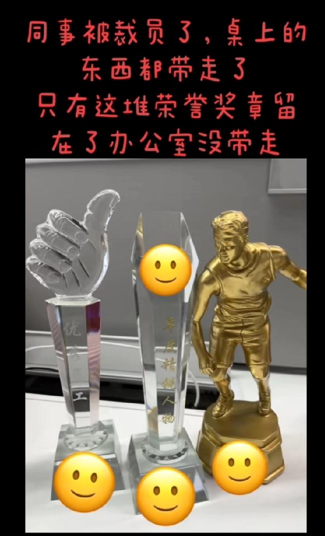 同事被裁员了，桌上的东西都带走了，只有这堆荣誉奖章留在了办公室没带走
拿到这种证