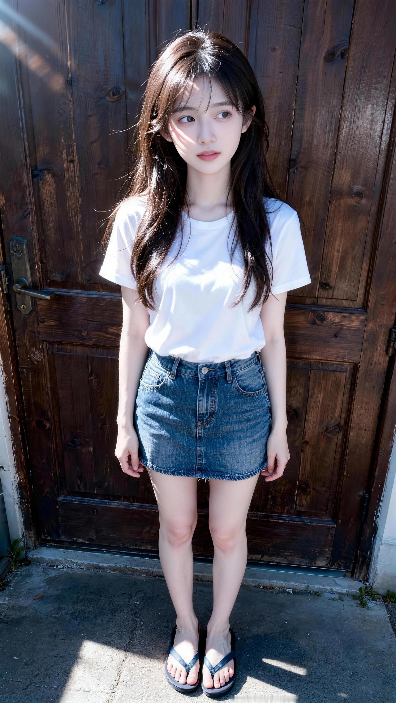阳光下的清新少女，简约白T恤搭配牛仔短裙，轻松自在。女生如何穿出天真浪漫少女感?