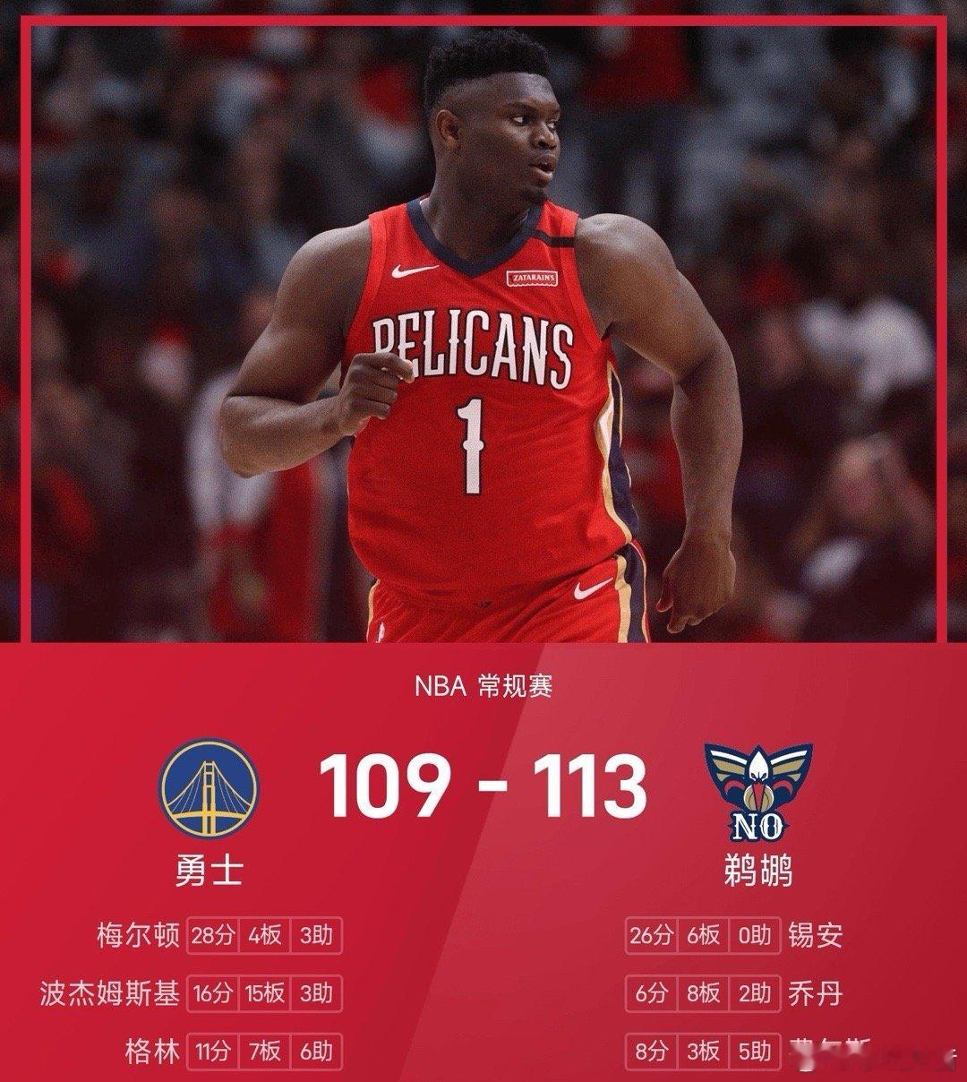 25/26赛季NBA 常规赛，鹈鹕对阵勇士。双方全场战罢，鹈鹕113-109战胜
