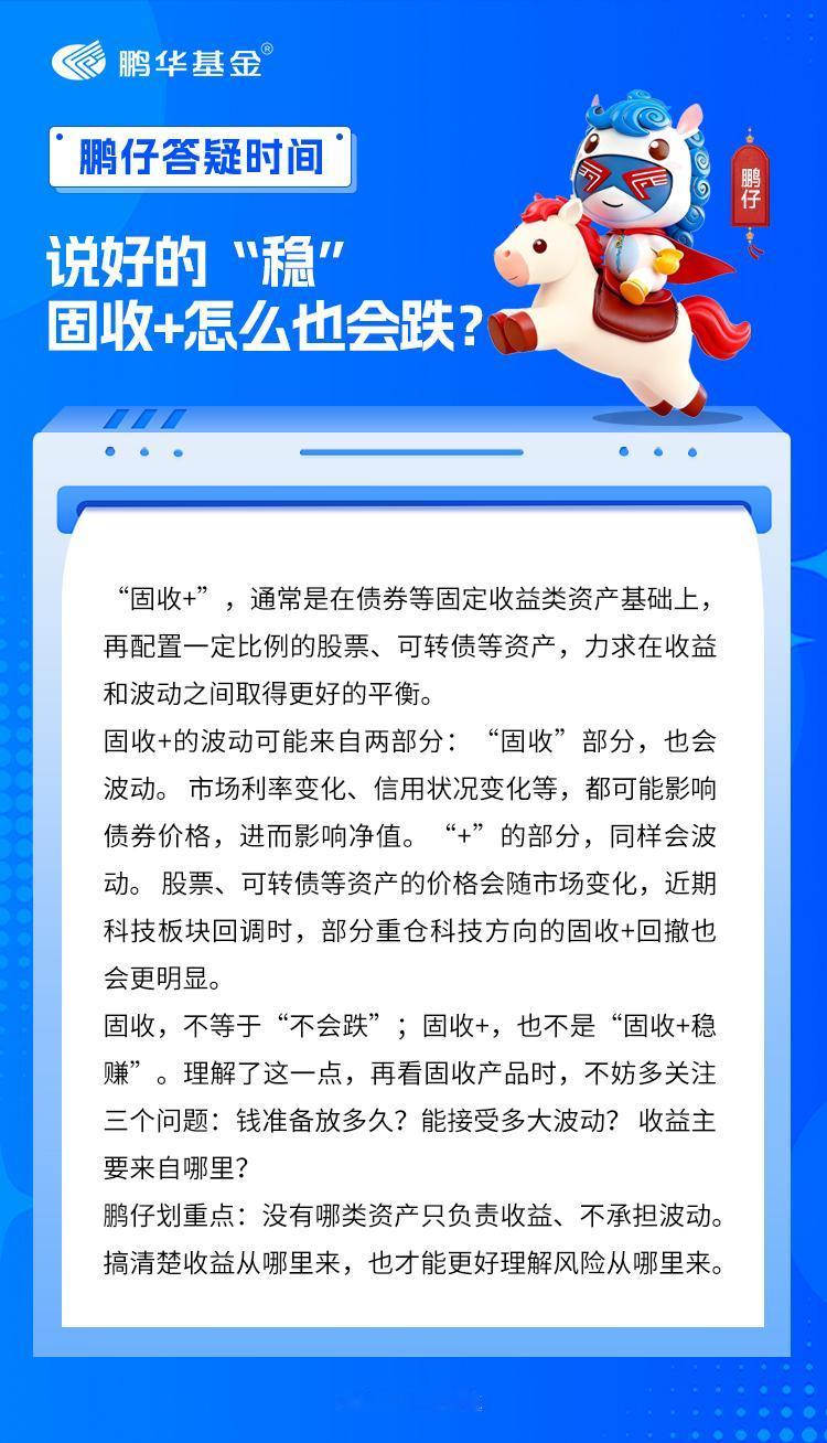 近期市场波动加大，有鹏友发现，自己买的固收+也跟着回调了。有鹏友问：“不是说固收