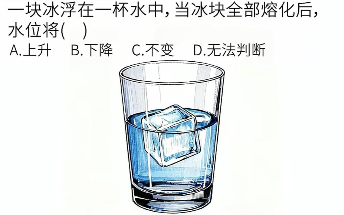 这道题的错误率很高，好多人都做错了。
一块冰浮在一杯水中，当冰块全部融化后，水位
