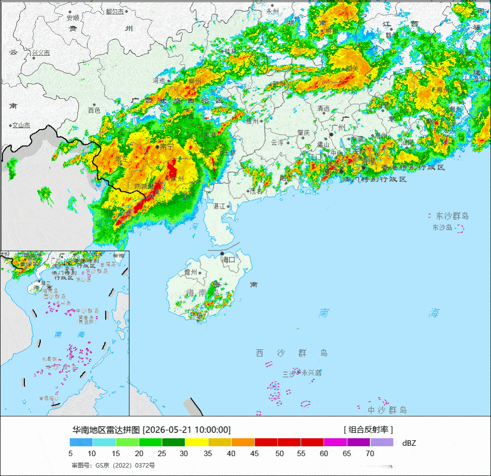 【防城强降雨 又见列车效应】今天上午广西防城出现暖区对流，又形成列车效应。9-1