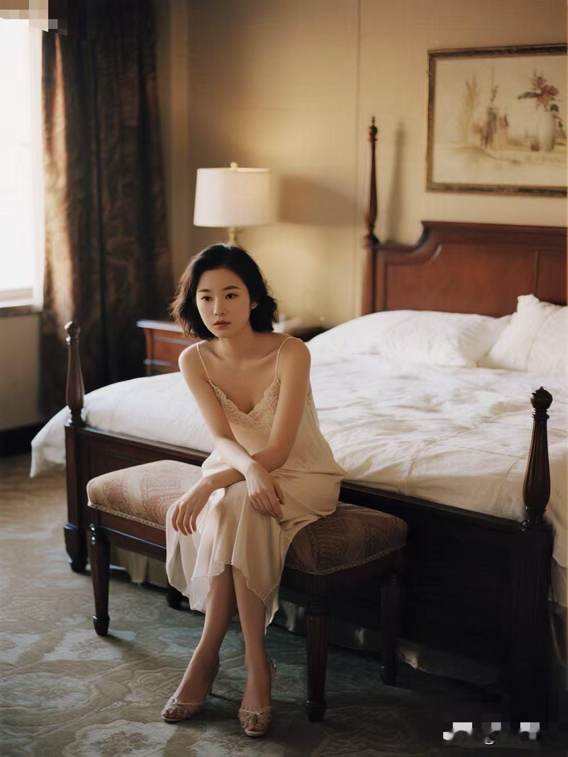 她专注地吹着头发，偶尔侧过脸，露出优美的下颌线和修长的脖颈。水珠已经完全干了，皮