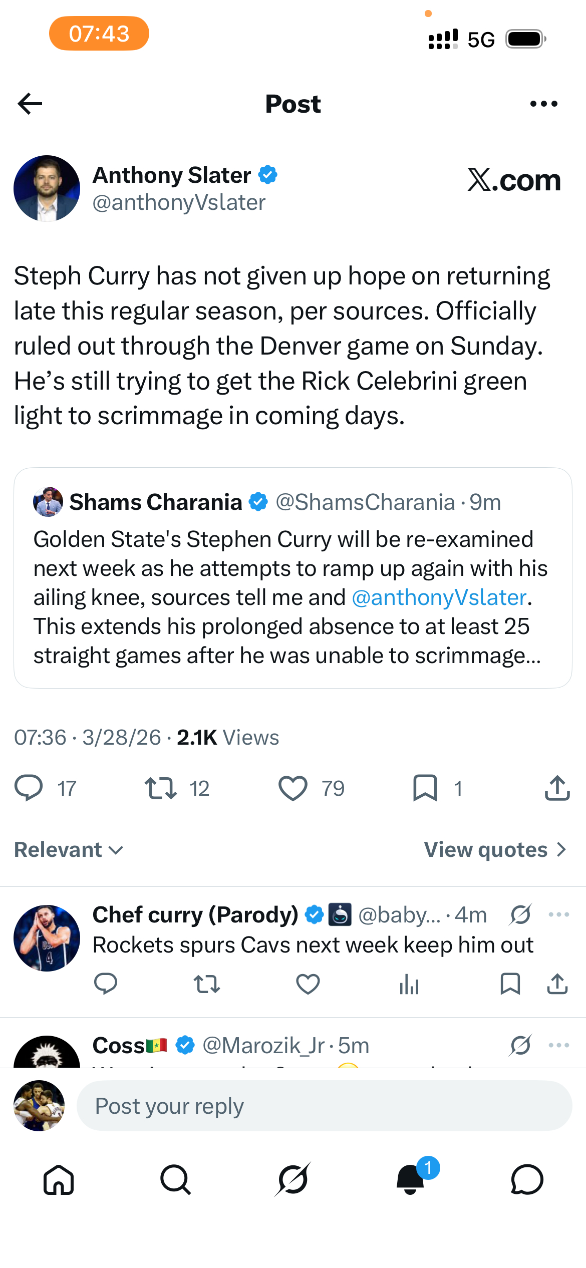 金州勇士队伤病更新 – 3/27/26塞思·库里 (Seth Curry)金州勇