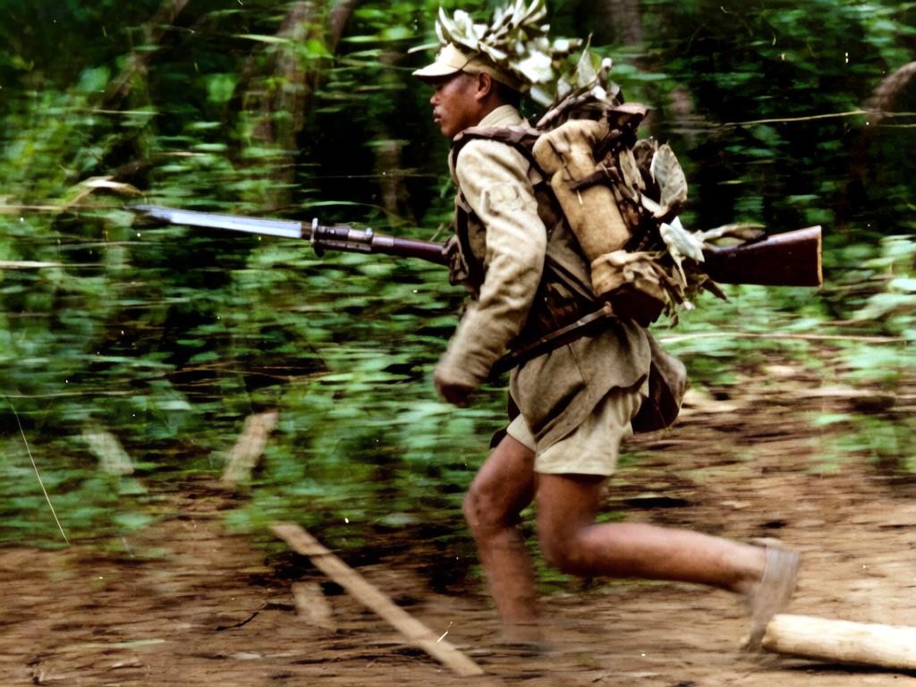 1942年，一名中国远征军士兵在缅甸丛林中奔袭的场景。

士兵头上插着伪装，背着