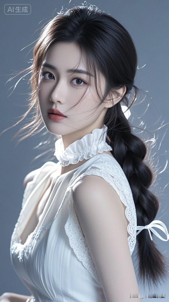 梦幻少女风，优雅白裙与蓬松卷发，尽显温柔与甜美。