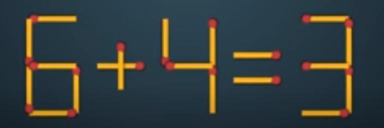 图中6 + 4 = 3认真查看通过移动一根火柴棒让等式能成立。找到解决方案评论区