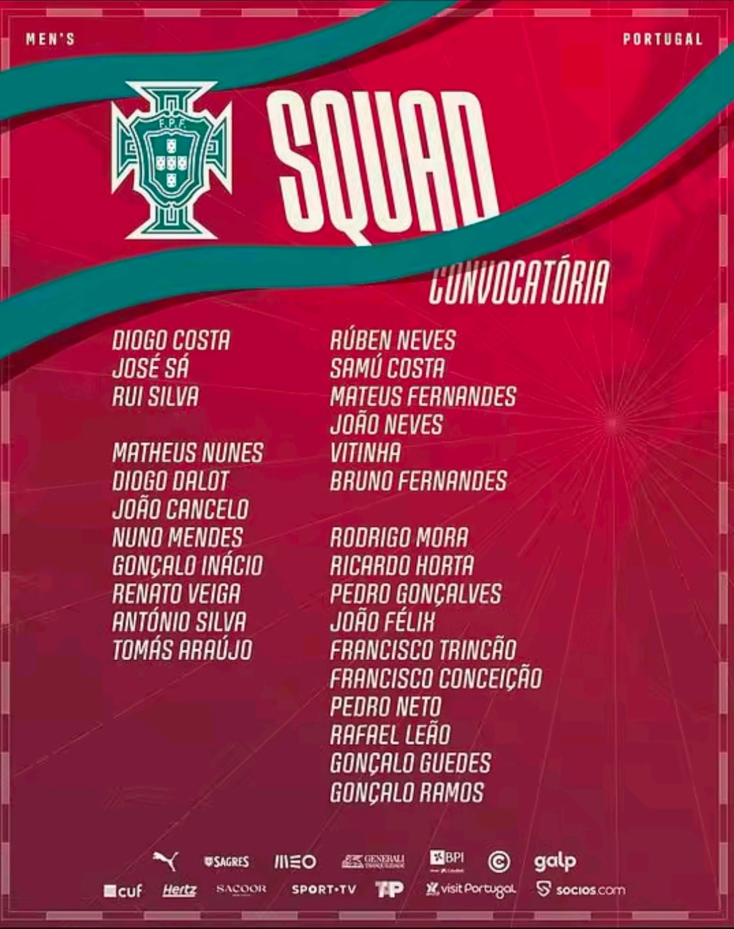 葡萄牙新一期国家队名单出炉，C罗因伤未能入选，B费、维蒂尼亚入选本次阵容。本次国