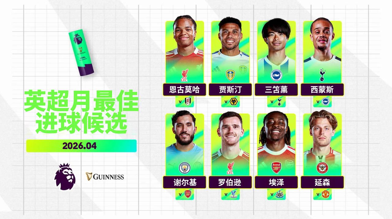 Guinness 英超4月最佳进球候选名单公布，你认为哪球最为精彩？
🔴恩古莫