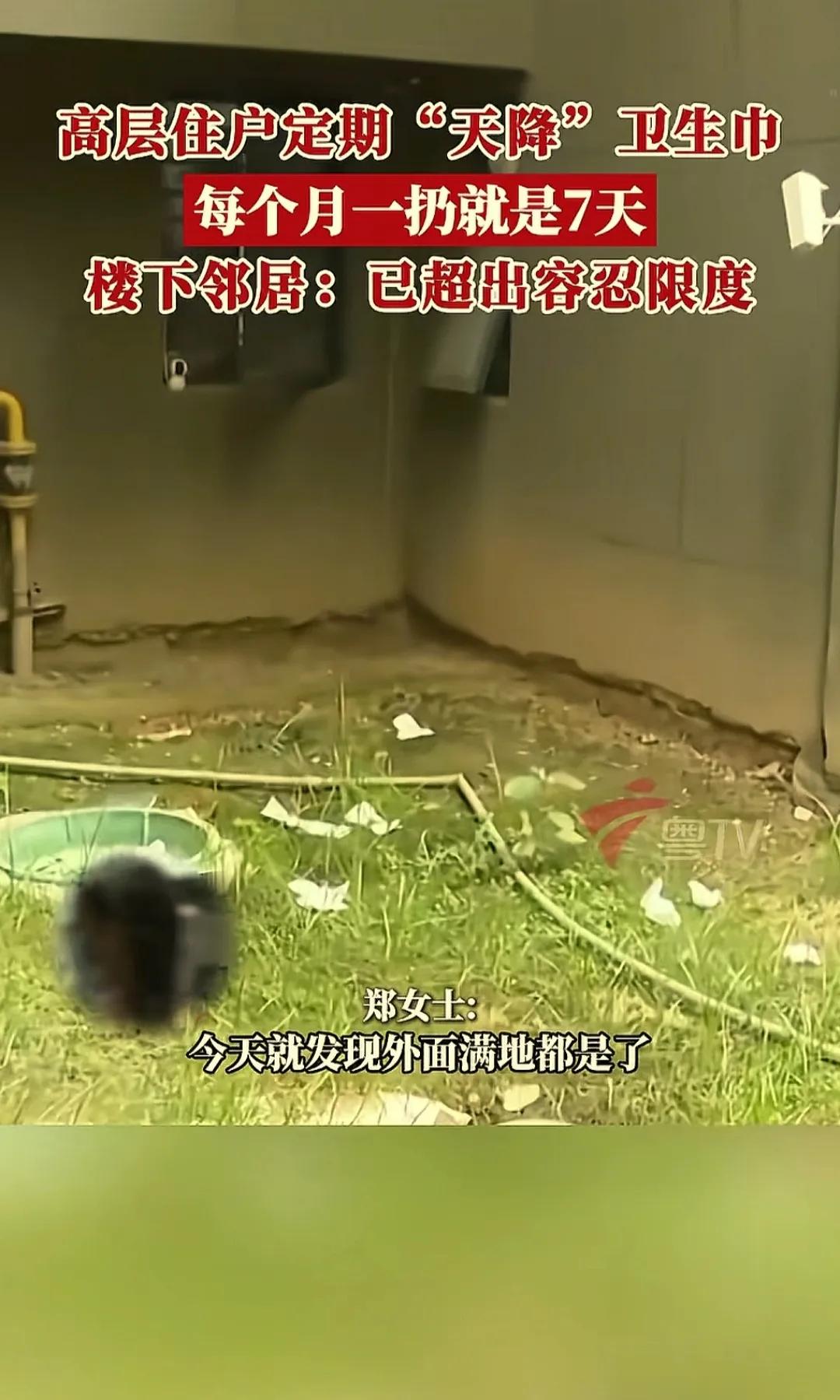 广西，一大姐嫌自己用过的卫生巾脏，便每月固定7天半夜往楼下扔，结果1楼业主草坪苍