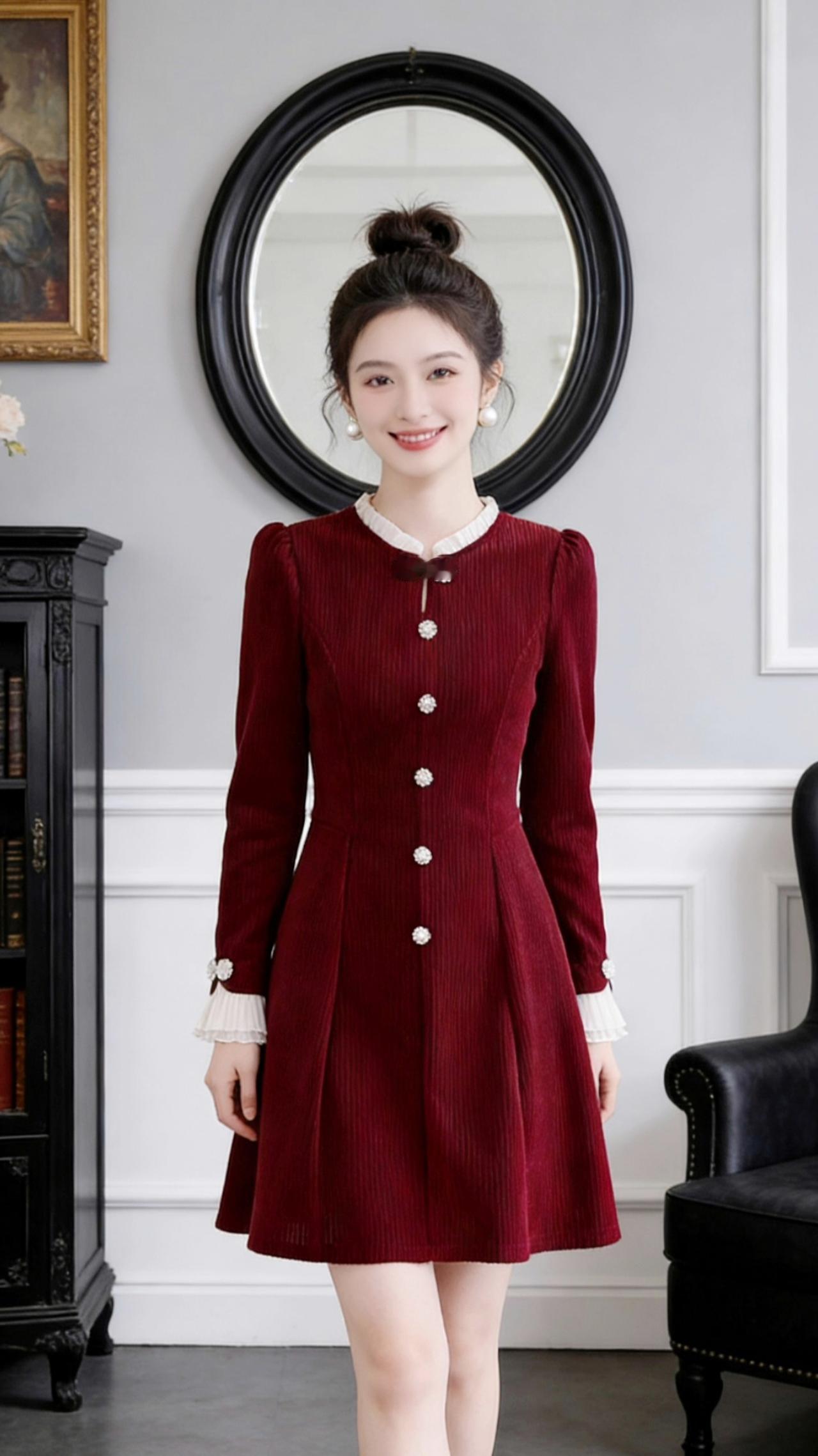 像把冬日里的浆果酿成了裙装，这抹浓郁的酒红裹着细腻的竖纹肌理，在柔和的光线下泛着