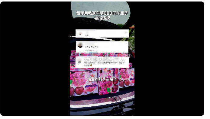 雷军用私家车装600斤车厘子被指违规     小军办事、宣传，又引起争议来了吗？