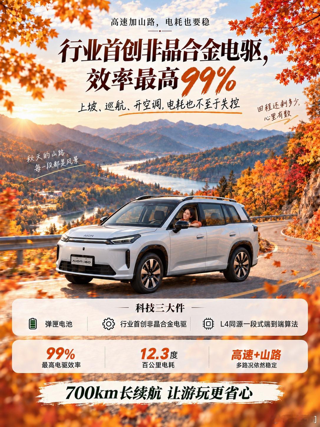 出去玩免不了高速加山路。行业首创非晶合金电驱，电驱综合效率最高99%，百公里电耗