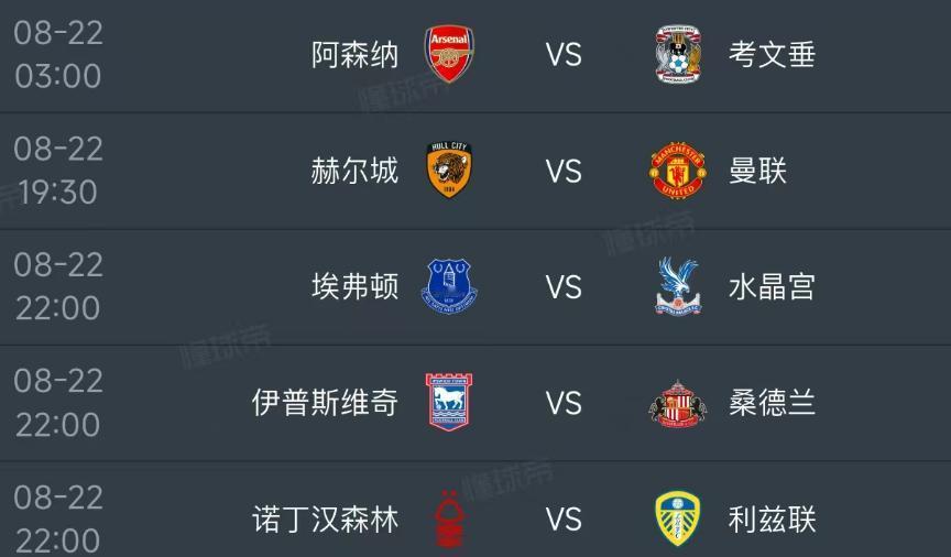 北京时间8月22日，明天的英超迎来新赛季第一轮的比赛，赛程如下：

第一场03：