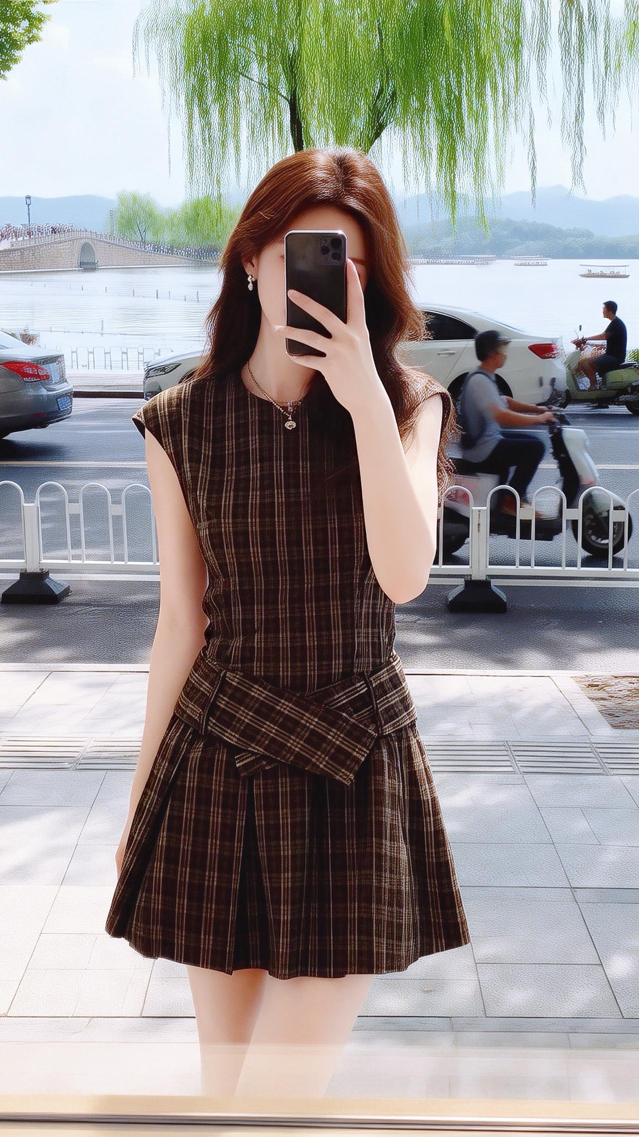 格子连衣裙 无袖格子裙穿搭 格子裙无袖连衣裙 穿搭 夏日穿搭