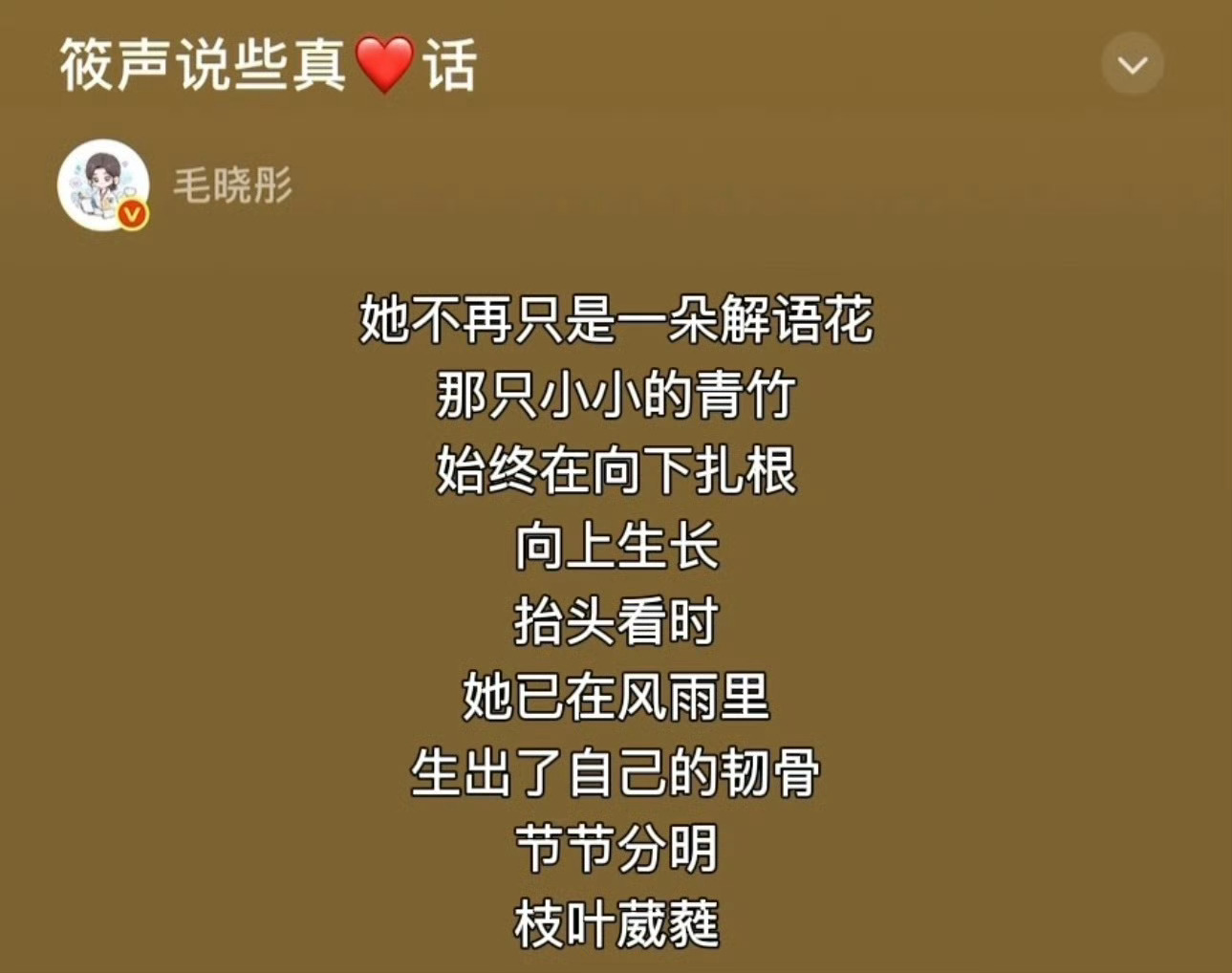 好用心的毛晓彤啊🥲“她不再只是一朵解语花，那只小小的青竹始终在向下扎根，向上生