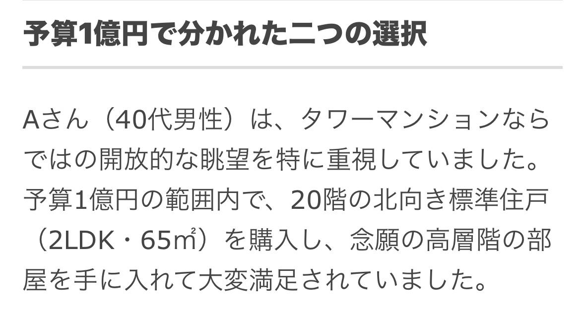 同等价格1亿日元买的塔楼，A和B数年后哪个更好卖？
A．2LDK 65平方米 2