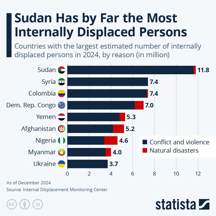 目前国内流离失所人口最多的国家是哪些？苏丹以1100百万人位居榜首


2024
