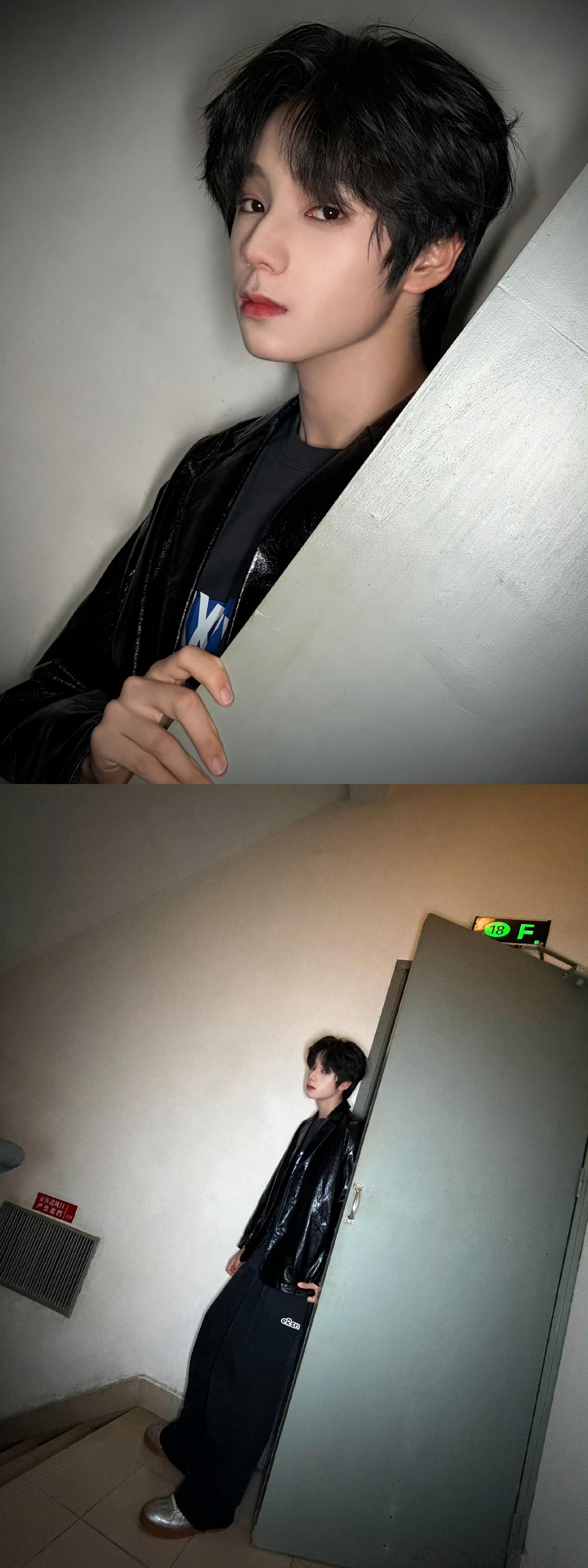 王橹杰楼梯间黑皮衣随拍王橹杰楼梯间黑皮衣随拍立体五官+深邃眼神，又帅又迷人[aw