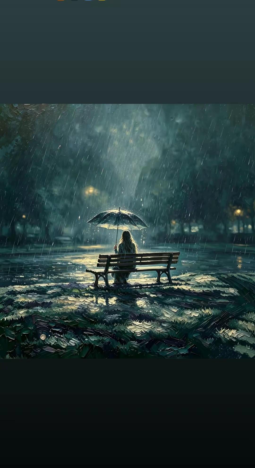 : 一场雨，一张长椅，一把孤伞。喧嚣都被雨声隔在外面，留给自己一份安静。人到中年