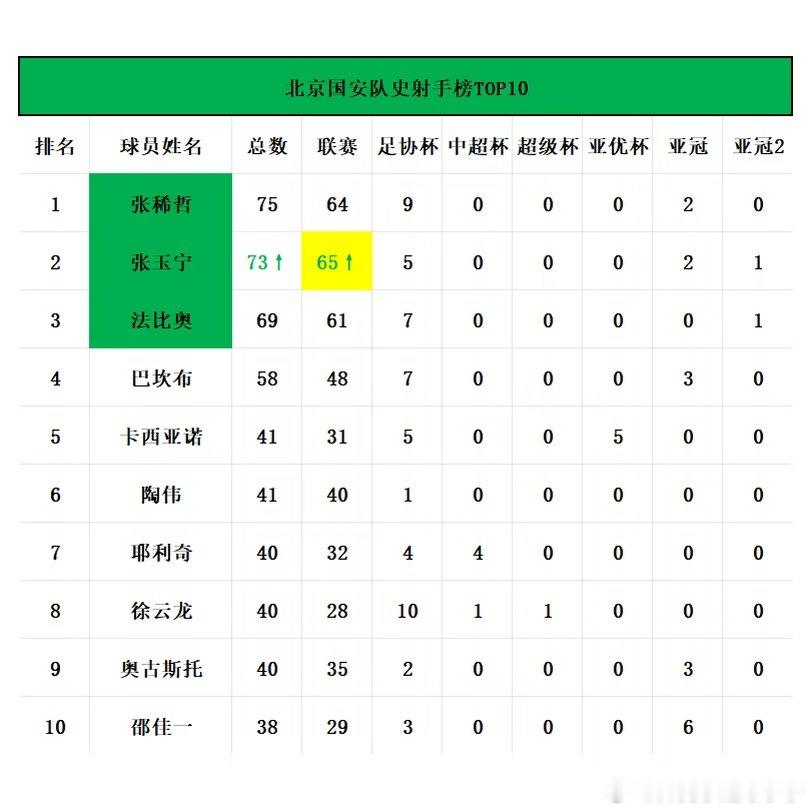 张玉宁本场打入1球，本赛季第13球，国安生涯累计第73球，依旧位列队史射手榜次席