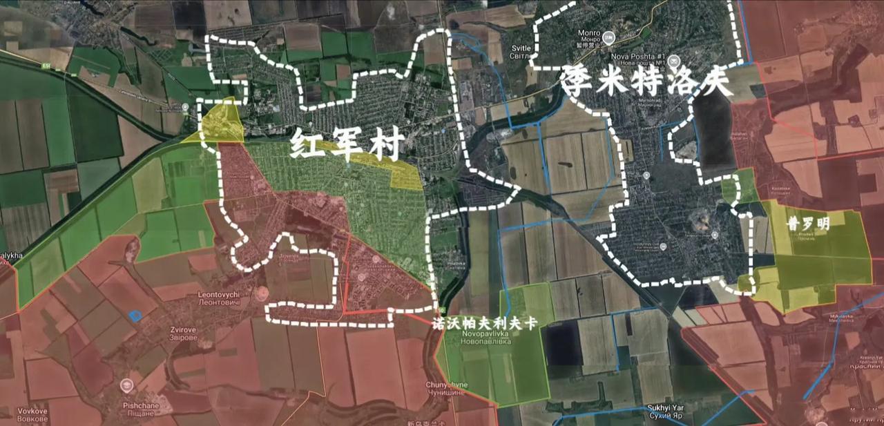 俄军中部集群在红军城及其卫星城季米特洛夫近两天的进展，绿色是前天进展，黄色是昨天