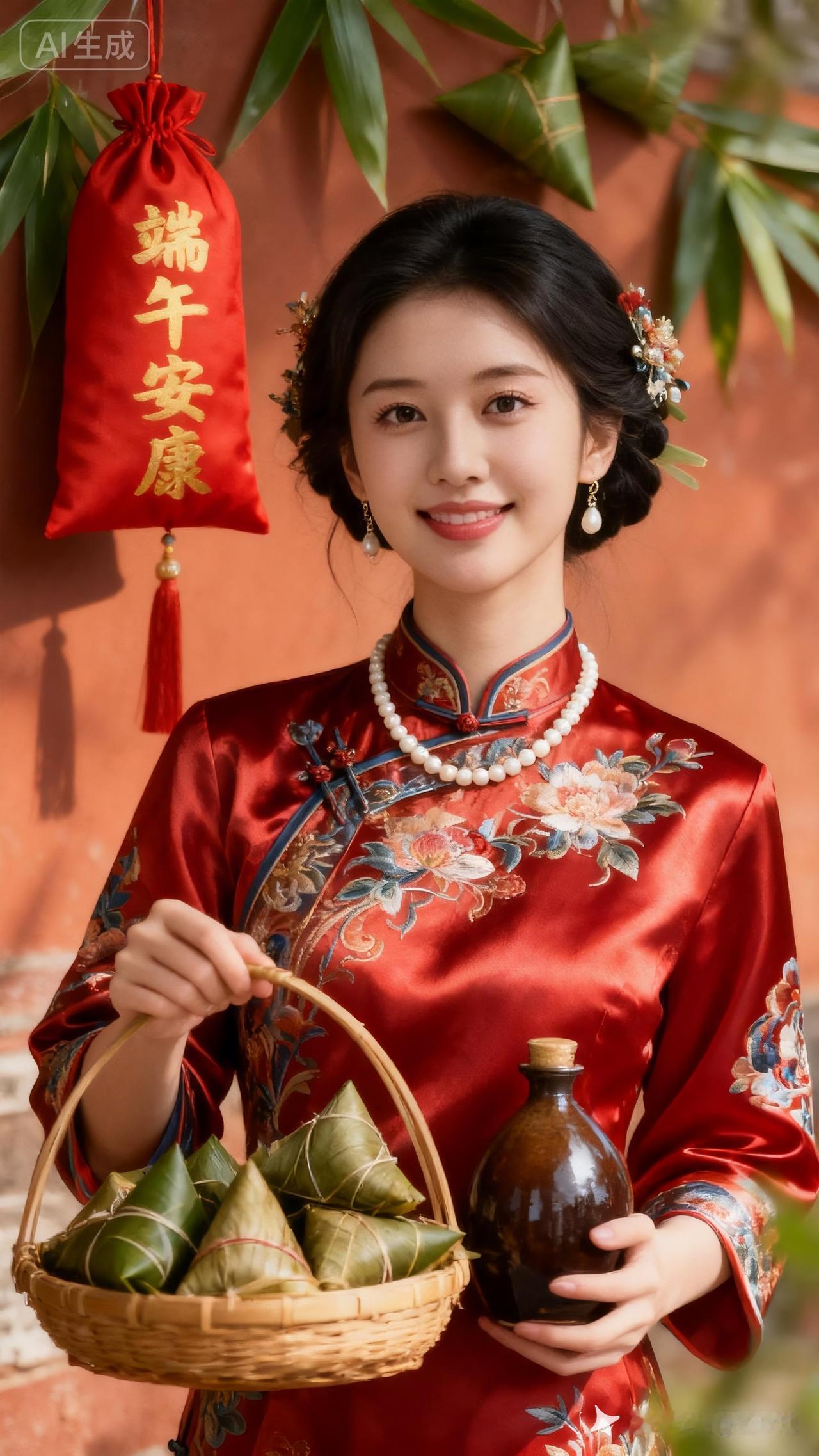 端午佳节，红衣美人手捧粽子和美酒，愿你安康幸福！